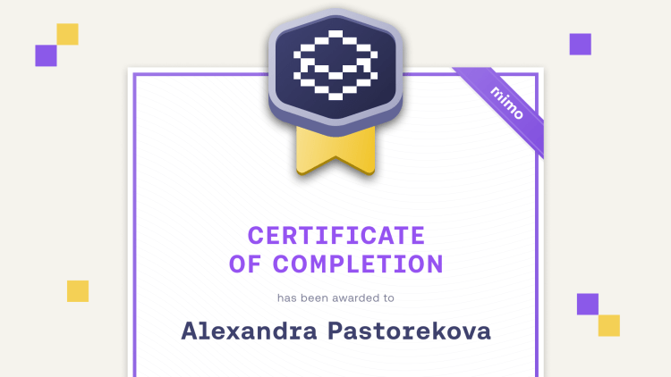Certificate of Completion from Mimo awarded to Alexandra Pastorekova with badge and ribbon
