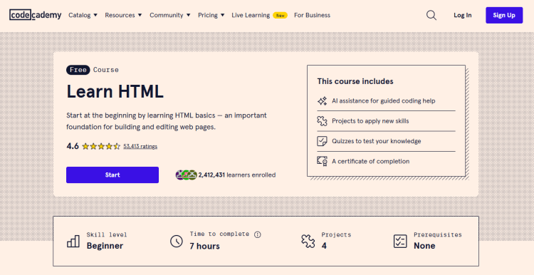Codecademy HTML course