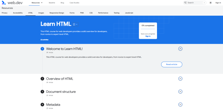 Google web.dev Learn HTML resources