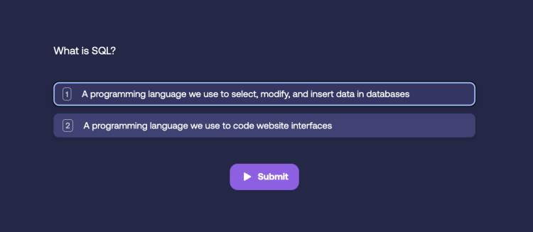 Quiz question: What is SQL? Two options provided with a submit button below.