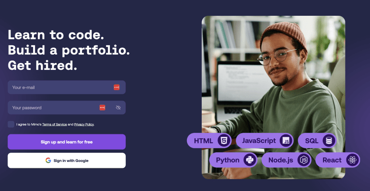 Man with glasses at a desk, coding icons, and text: 'Learn to code.