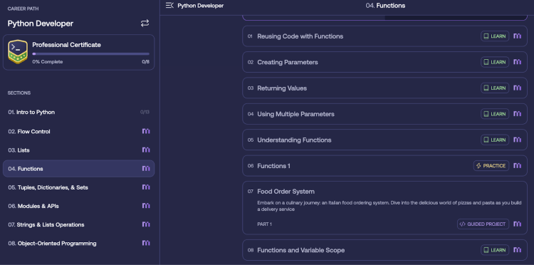 Python Developer course - lessons on functions, parameters, returning values, and a Food Order System project.
