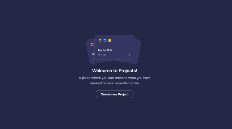 Project dashboard to practice skills or create new projects, with a 'Create new Project' button.