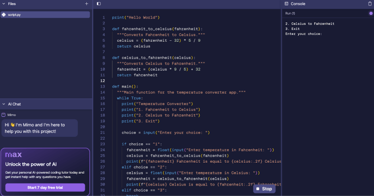 Python project - temperature converter code with functions for Fahrenheit and Celsius, shown in Mimo IDE.