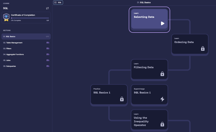 SQL basics roadmap showing steps: selecting, ordering, filtering data, and practice exercises.