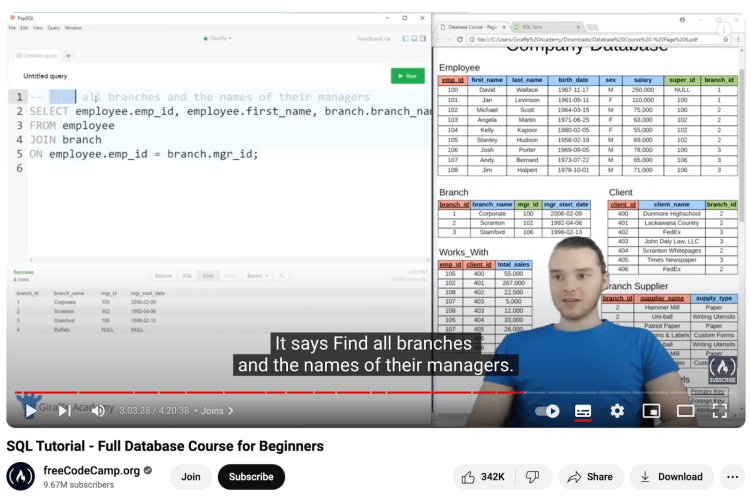 SQL YouTube tutorial - full database course for beginners