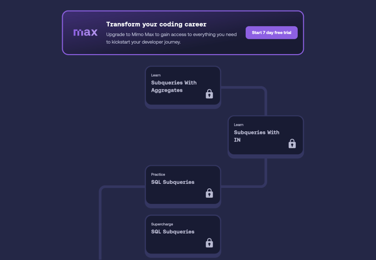 SQL learning includes subqueries with aggregates, IN, practice tasks, and advanced exercises.