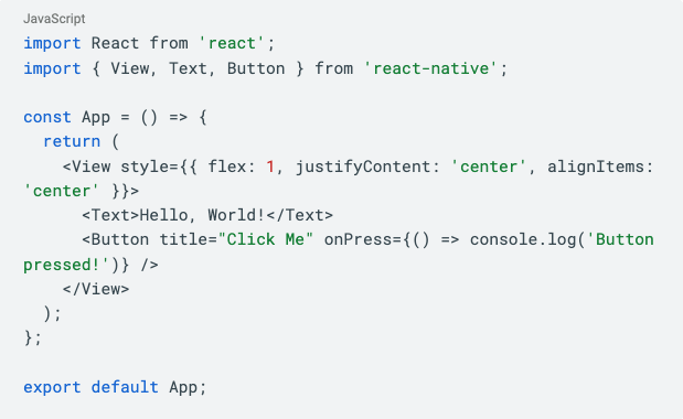 React Native code displaying 'Hello, World!' text and a button with a console log action