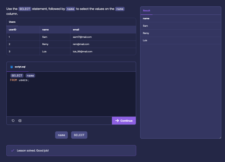 SQL exercise: SELECT name FROM users; results table shows Sam, Remy, and Luis.