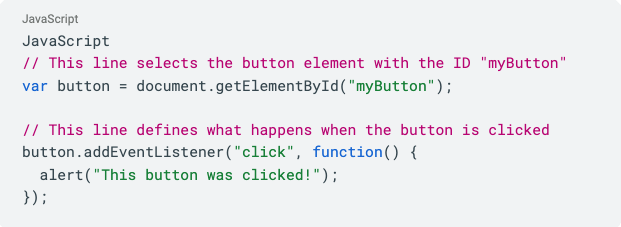 JavaScript example: code to select a button by ID and display an alert on button click.