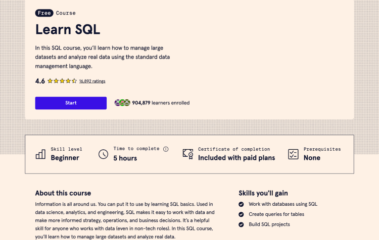 Learn SQL course by Codeacademy