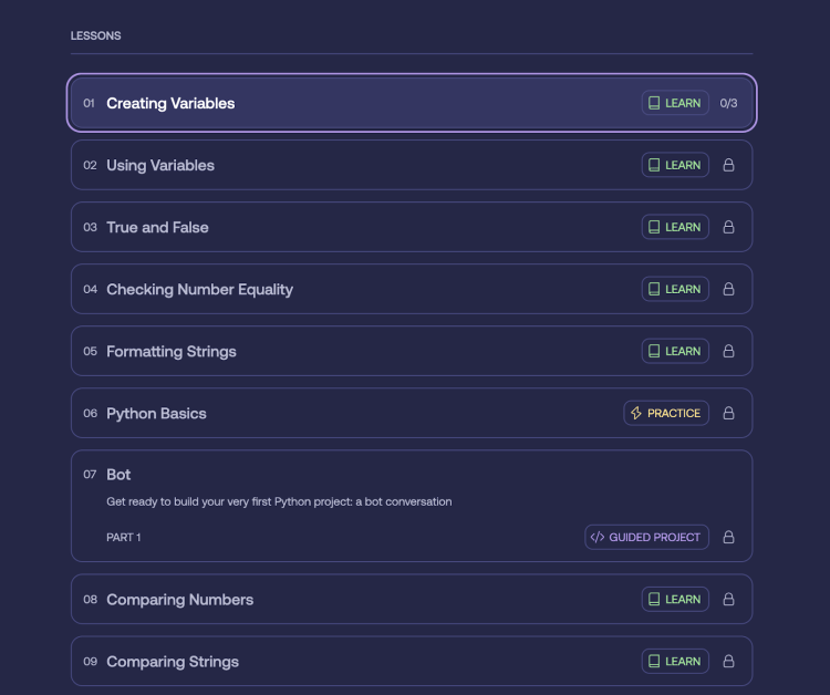 Python lessons - Creating Variables, True and False, Formatting Strings, and a guided Bot project.
