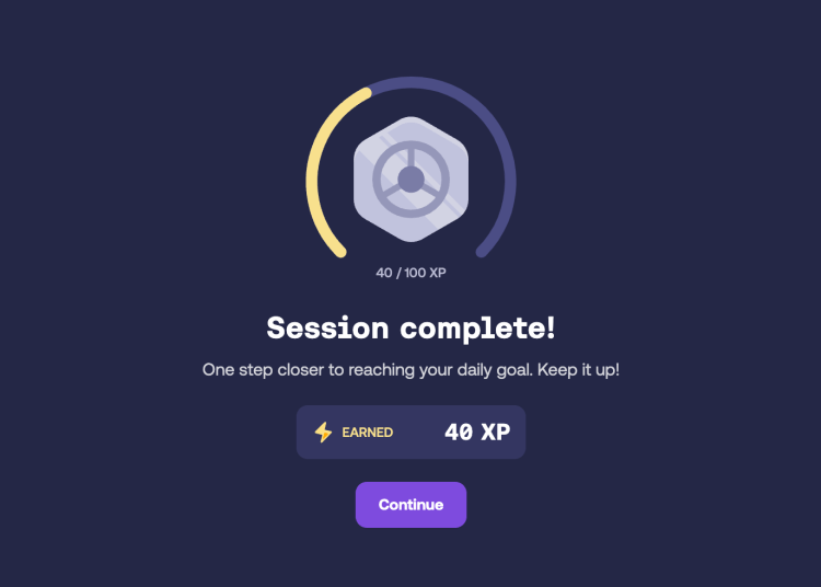 Session complete message with progress bar and 40/100 XP earned.