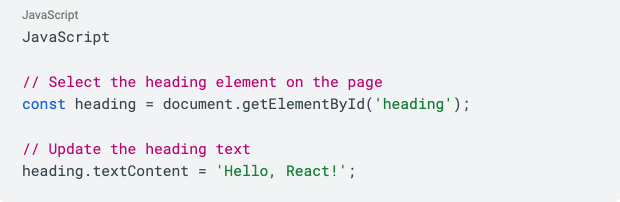 JavaScript snippet selecting a heading element and updating its text to 'Hello, React!