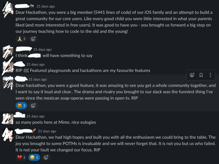 Rest in peace, hackathon feature, another thread of eulogies.