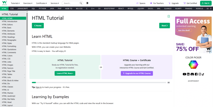 W3Schools HTML tutorial